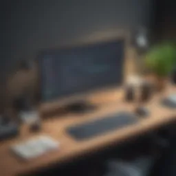 A modern workspace setup featuring a laptop and coding tools