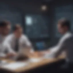 Business professionals discussing scheduling software