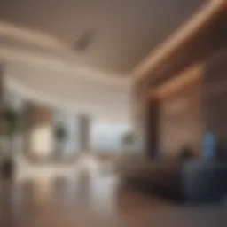 A futuristic hotel lobby integrating advanced technology for guest check-in